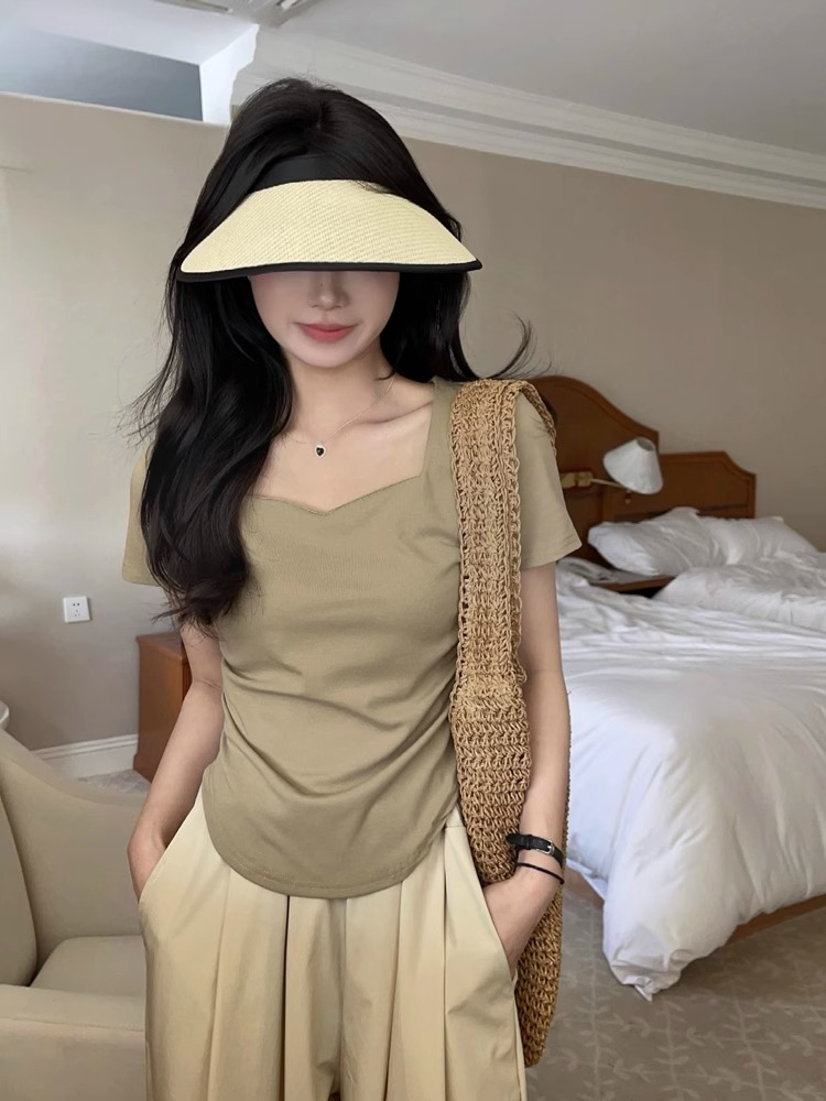 烏77褶皺修身桃心領短袖T恤女夏季純欲百搭正肩純色鎖骨上衣