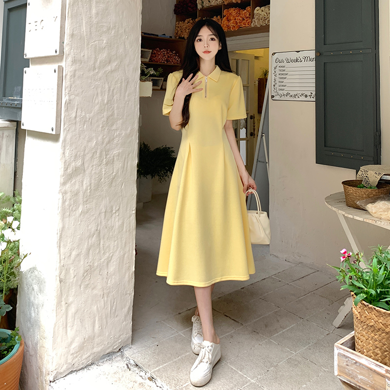 實拍 大碼法式polo領拉鏈連衣裙女夏季胖mm收腰遮肚長裙