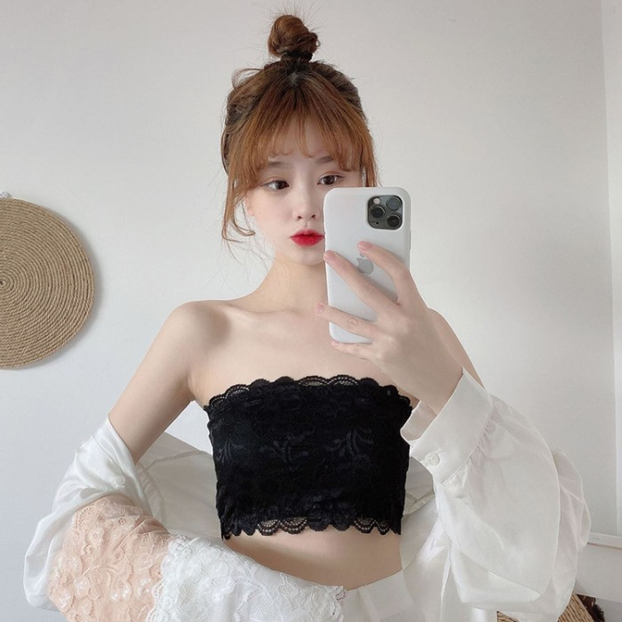 無肩帶蕾絲抹胸女性感內搭夏季薄款美背黑色裹胸防走光一片式內衣