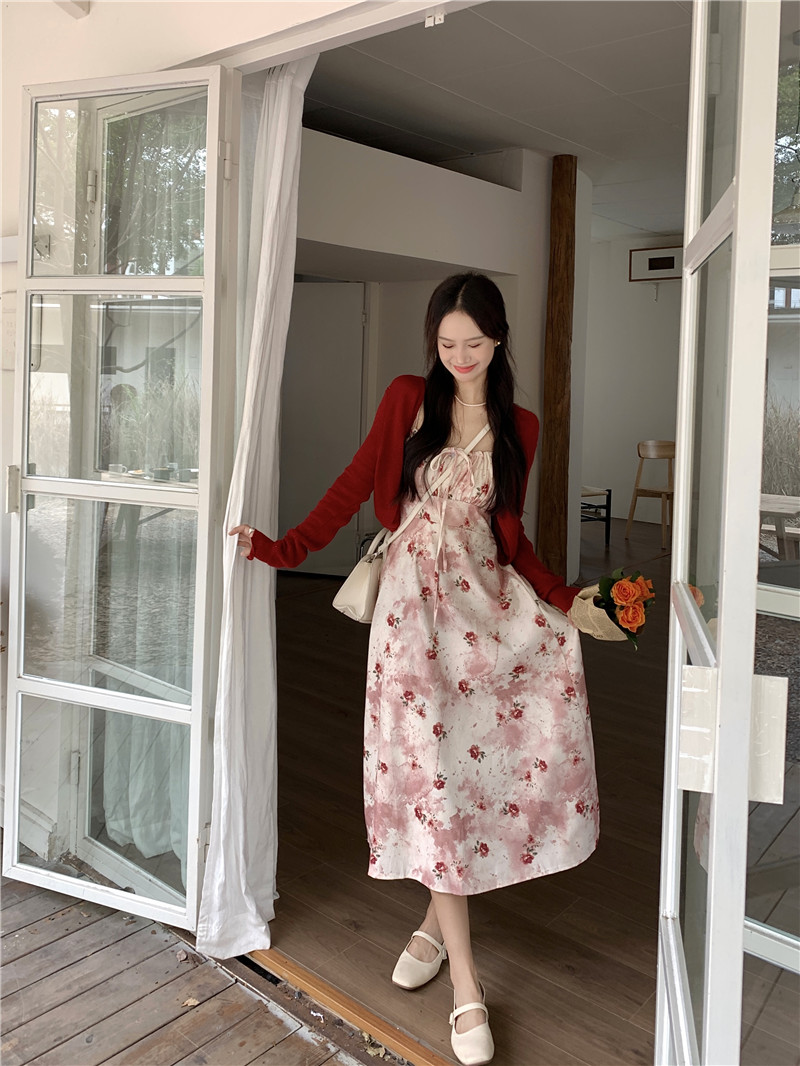 實拍~法式溫柔水墨畫碎花吊帶連衣裙百搭針織兩件套