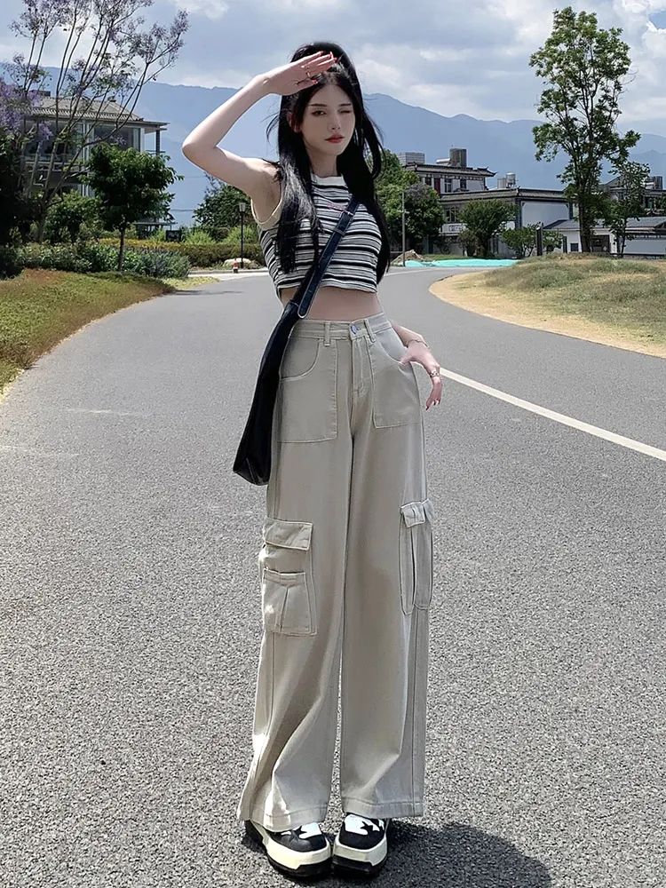 2024新款夏季辣妹復古美式高腰工裝闊腿牛仔褲女顯瘦寬鬆拖地褲