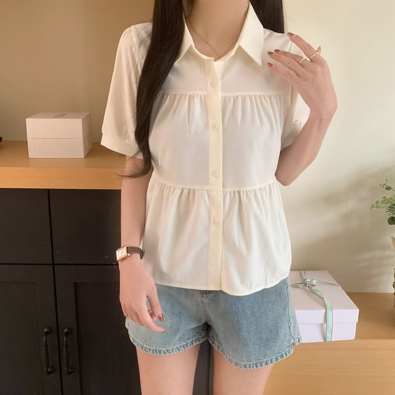 實拍杏色短袖娃娃衫女夏2024新款寬鬆泡泡袖遮肚子收腰襯衫上衣潮