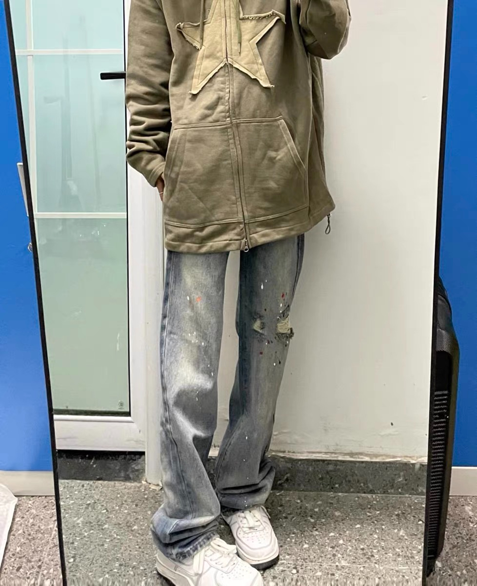 美式街頭直筒潑墨做舊破洞牛仔女2024春夏新款高腰顯瘦闊腿長褲子