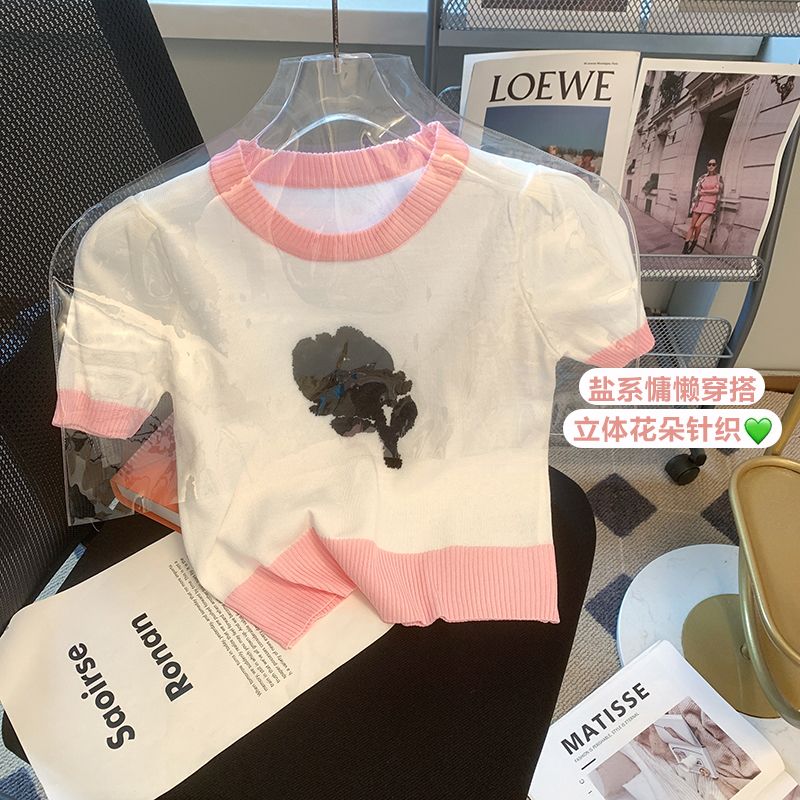 Real shot of ins strawberry flower knitted short-sleeved T-shirt for women spring and summer new versatile short style contrasting color slimming pullover top