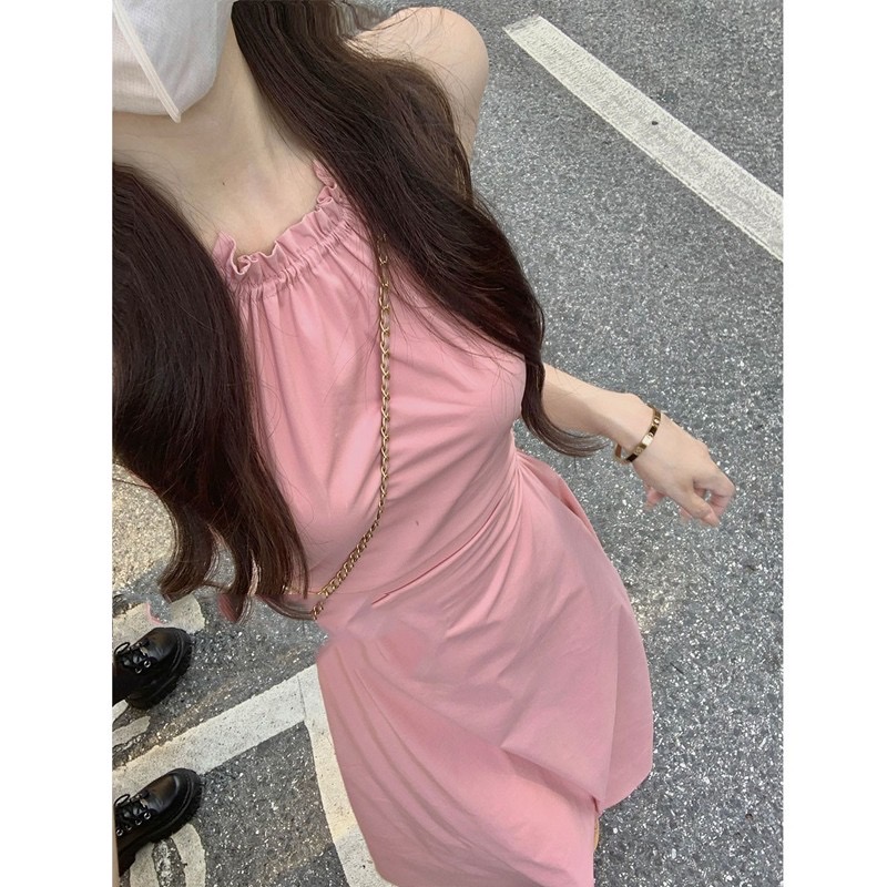法式掛脖無袖粉色吊帶連衣裙女夏季新款海邊度假沙灘裙露背長裙子