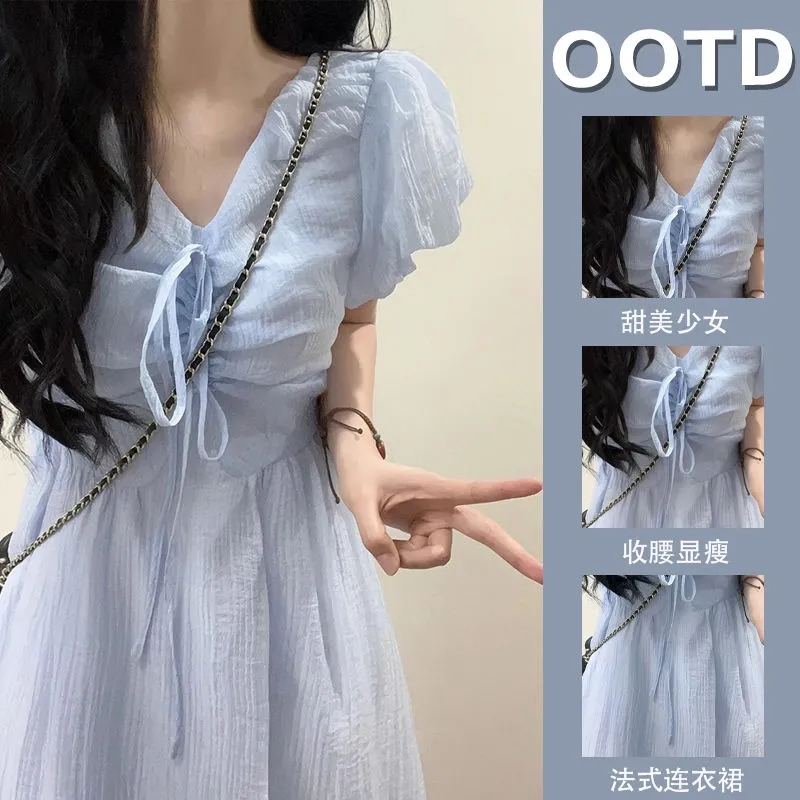 法式文藝系帶V領藍色泡泡袖連衣裙子小個子超仙女收腰顯瘦長裙子