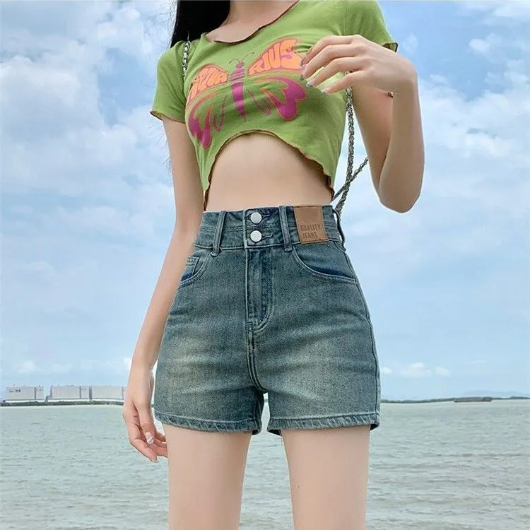 夏季辣妹彈力a字褲大碼高腰顯瘦牛仔短褲女小個子復古直筒熱褲子