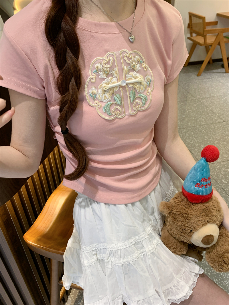 實拍~新中式國風圓領短袖t恤女修身小個子短款甜辣妹上衣潮