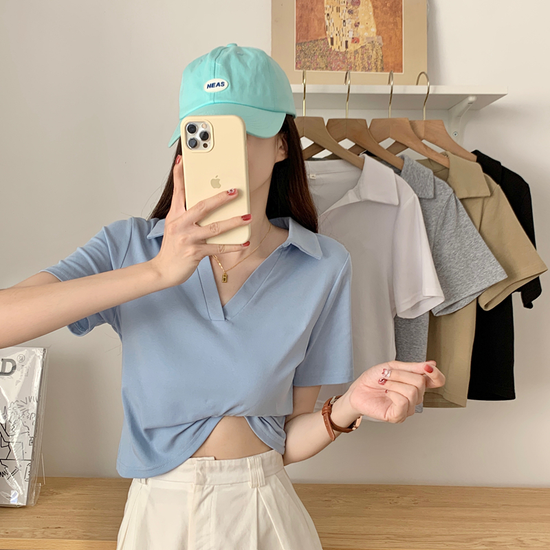 實拍 Polo短袖t恤女夏季修身V領純色短款甜辣上衣