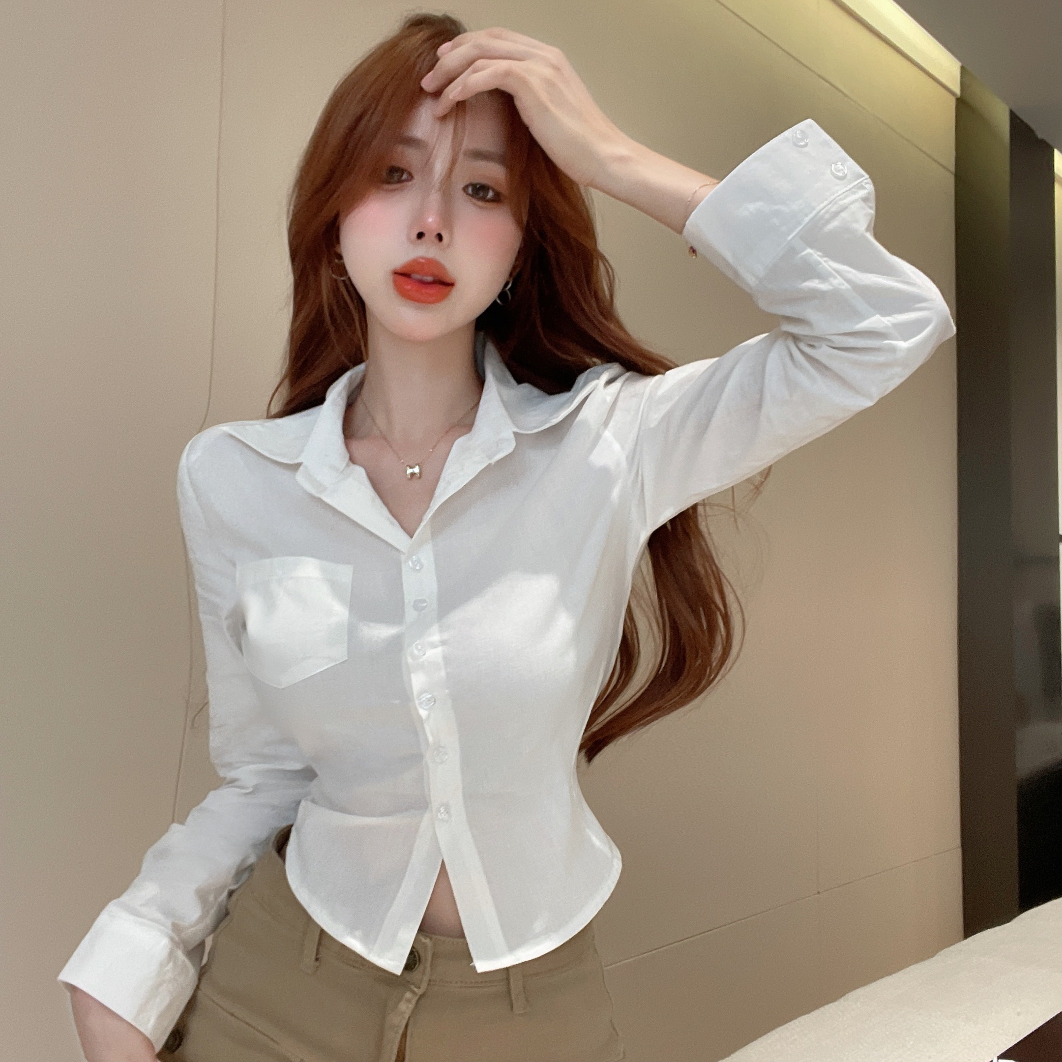 實拍！短款襯衫女韓版收腰純色白色襯衣百搭高腰上衣薄款2443