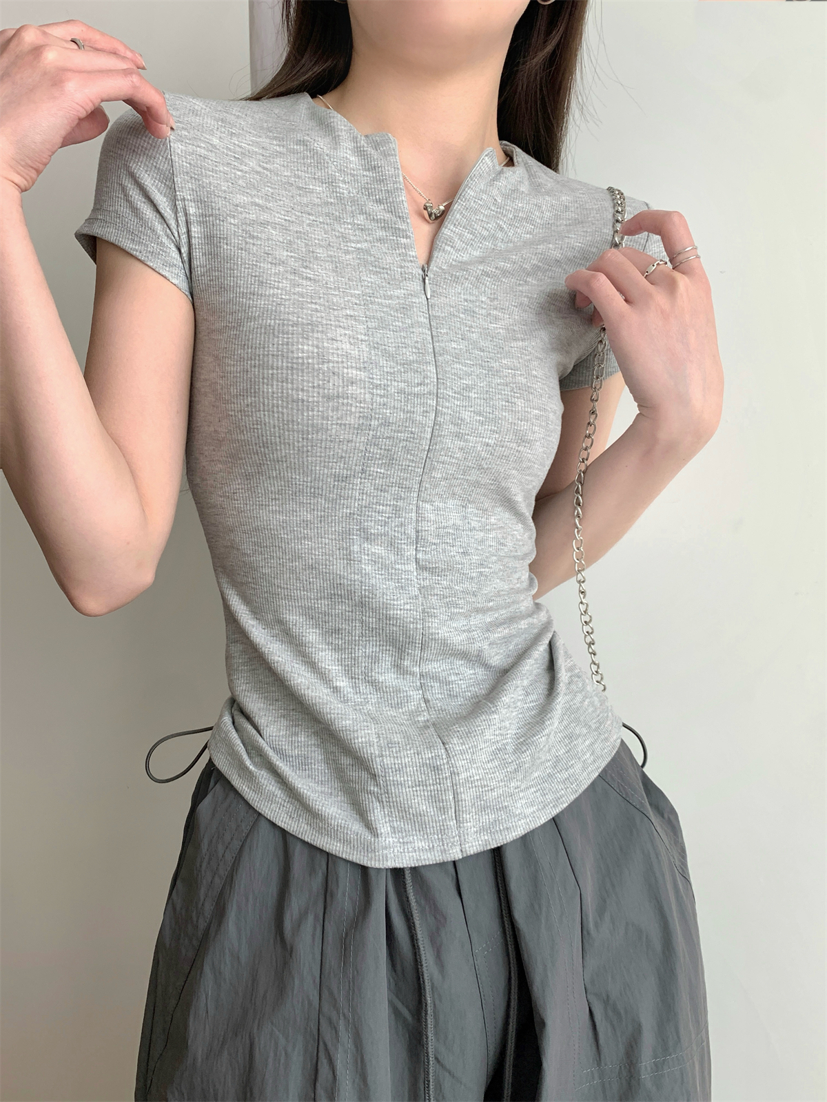 實拍 春夏韓版氣質修身隱形拉鏈設計感百搭純棉短袖T恤女上衣