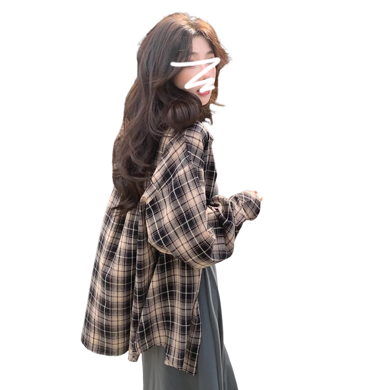 2024新款美式復古格子襯衫外套早春季女裝薄款長袖早秋慵懶風襯衣