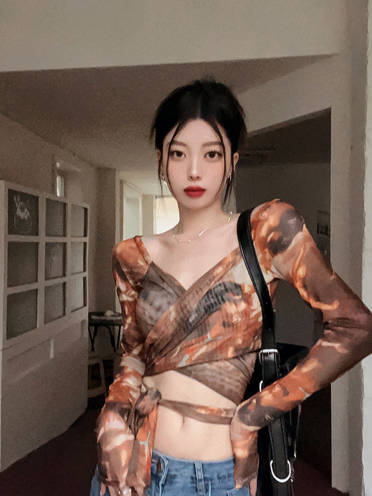 實拍辣妹扎染v領長袖T恤純欲高腰性感修身顯瘦短款打底衫上衣