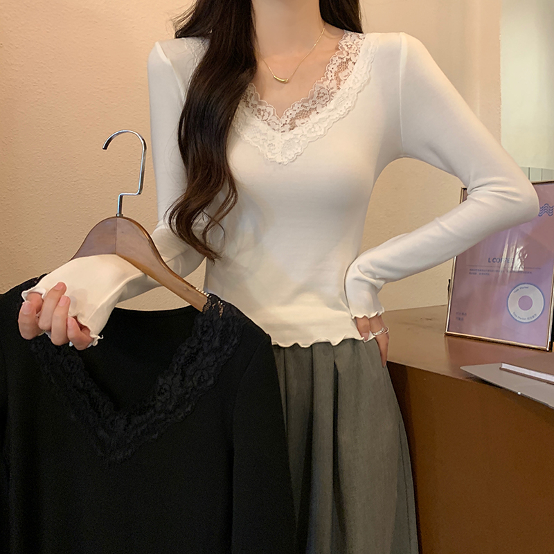 首發實拍長袖t恤女春秋薄款潮修身優雅蕾絲打底衫V領上衣韓版女裝