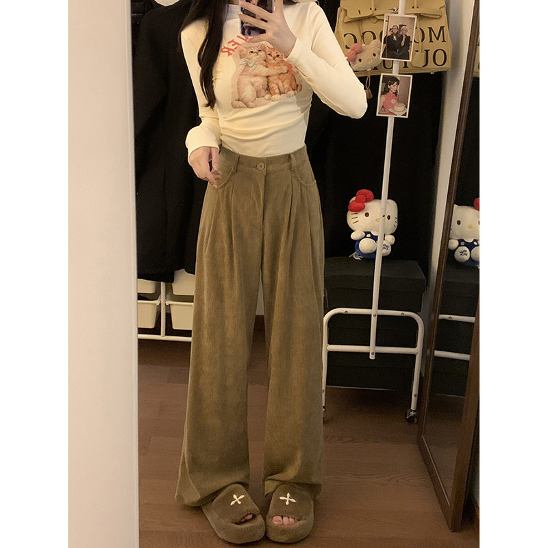 實拍！2024新款韓版鬆緊腰燈芯絨直筒寬鬆休閒褲子女