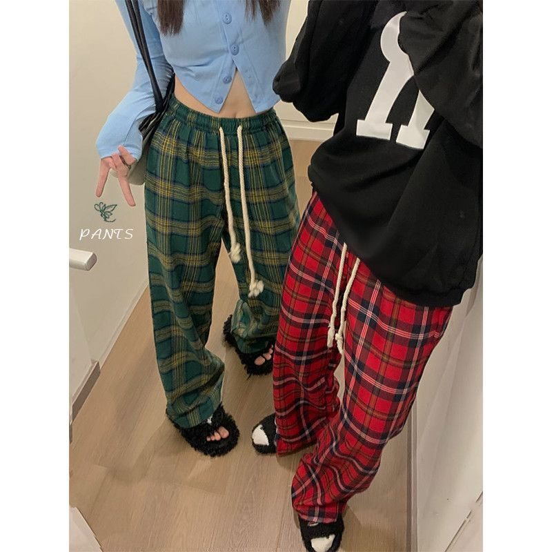 TR原布料拖地抽繩紅色格子休閒褲女秋復古寬鬆直筒闊腿褲褲子