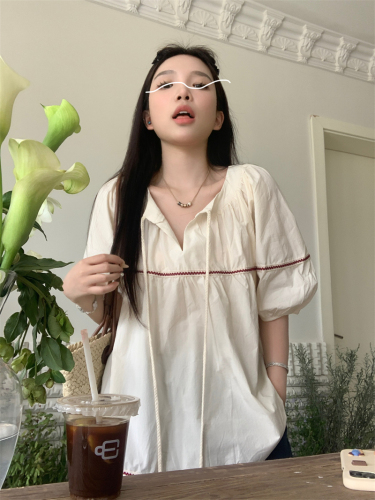 Actual shot of new summer Korean style versatile splicing round neck loose short-sleeved babydoll shirts for women