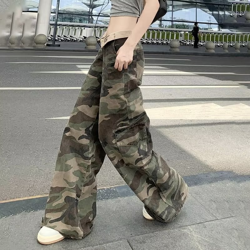 美式復古低腰翻邊迷彩闊腿牛仔褲女寬鬆顯瘦百搭垂感工裝長褲