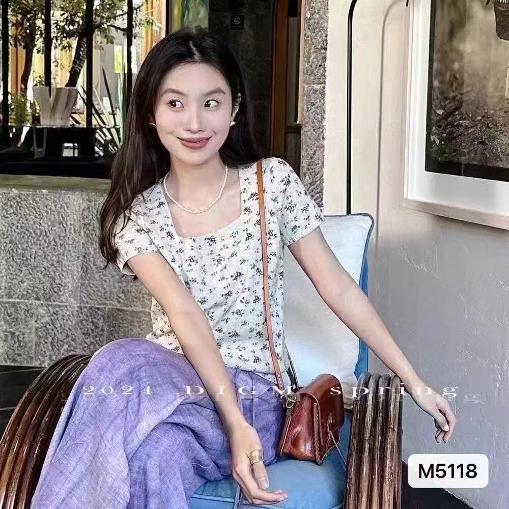 韓系小碎花方領短款針織短袖T恤女2024夏季新款修身顯瘦百搭上衣