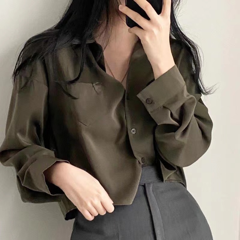 韓國chic復古洋氣翻領時尚百搭設計感小眾單排扣襯衫短款上衣女