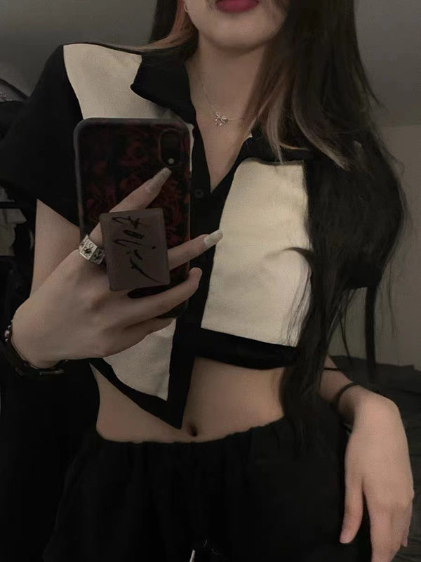 美式辣妹短款上衣女夏季韓版紐扣開衫拼接不規則T恤設計感短袖潮