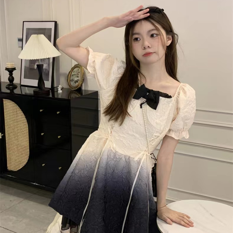 漸變色小眾氣質連衣裙設計感收腰顯瘦甜美少女蓬蓬裙