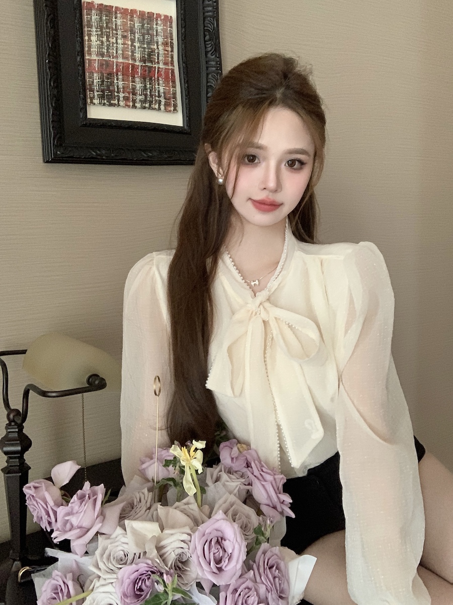 實拍 春季新款新款韓版百搭蝴蝶結系帶長袖襯衫上衣