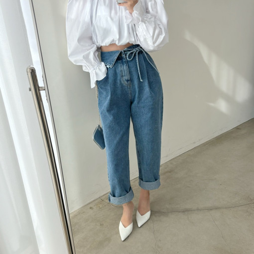 時尚修身百搭系帶高腰牛仔褲女