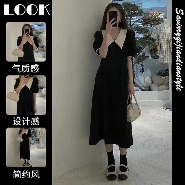 赫本風泡泡袖連衣裙女夏法式氣質收腰小裙子復古黑色娃娃領
