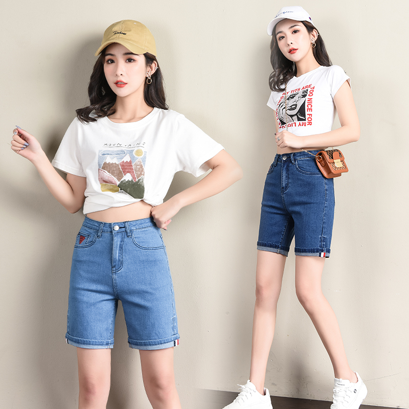 實拍2024夏季牛仔大碼五分女褲高腰彈力