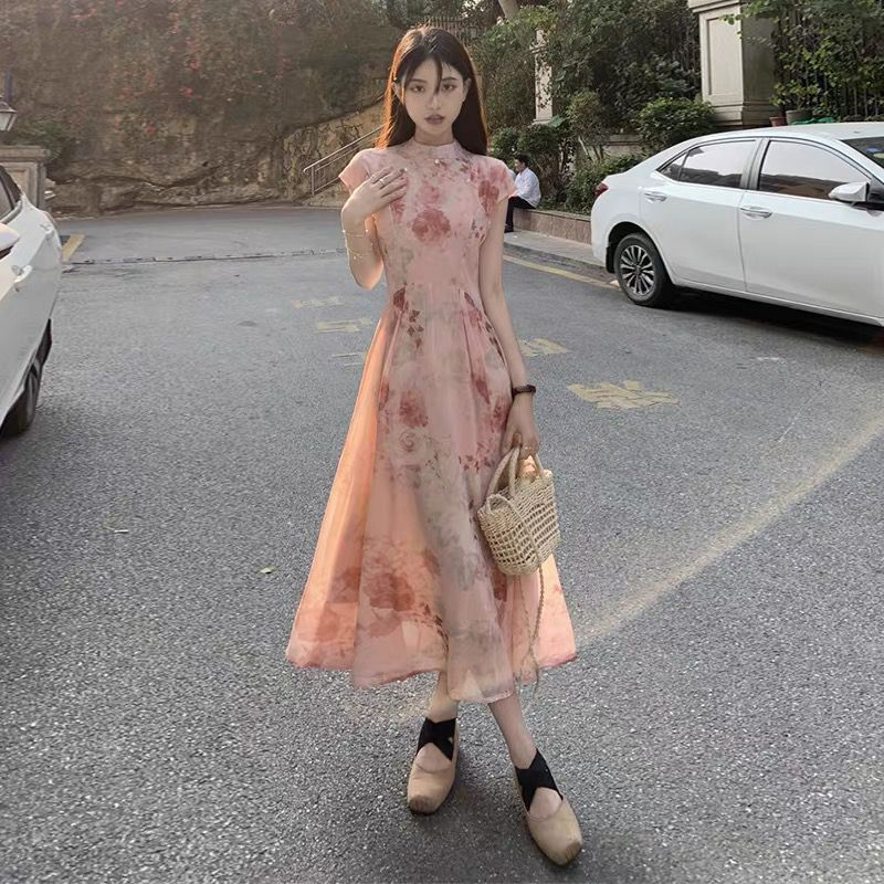 2024夏新中式粉色改良旗袍年輕款少女小清新連衣裙仙女復古民國風