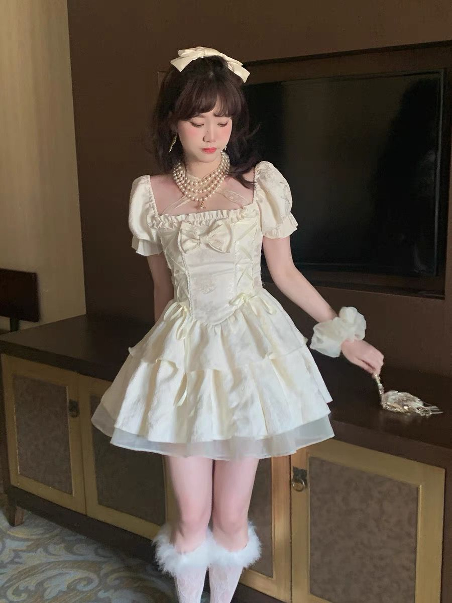 2024春夏新款純欲風蝴蝶結泡泡袖綁帶小個子A字連衣裙仙女裙女