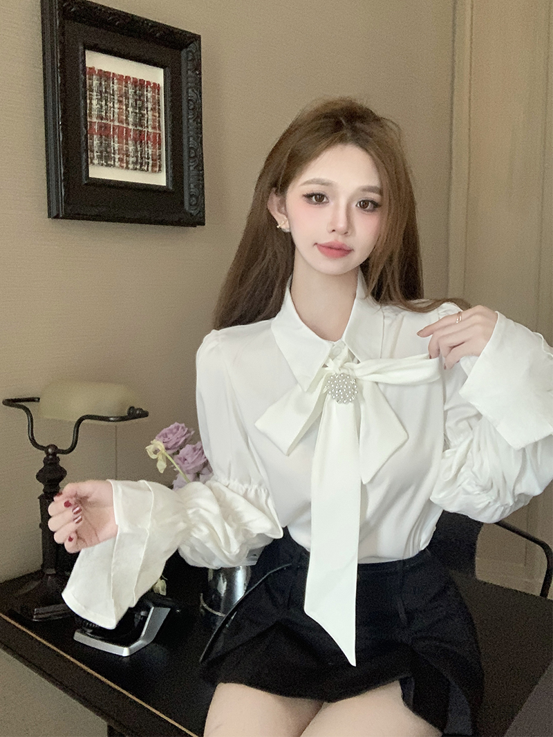 實拍 法式甜美蝴蝶結雪紡襯衫女時尚百搭設計感喇叭袖襯衫上衣