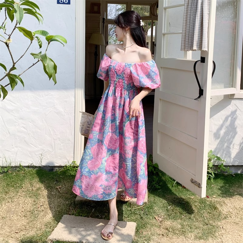 原版做工大碼彩色花朵連衣裙女夏海邊度假寬鬆胖mm遮肚子長裙子