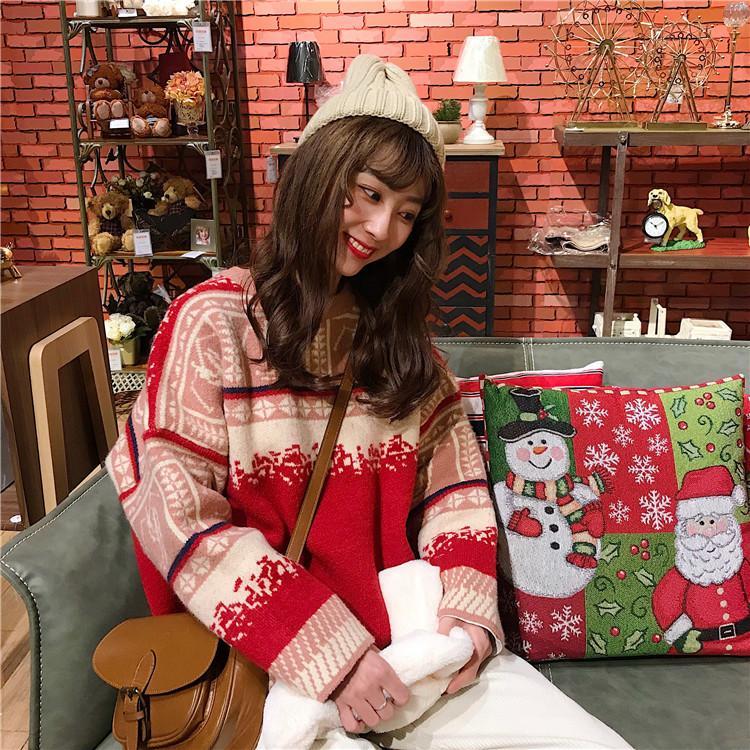 韓版秋冬新款慵懶風聖誕節寬鬆套頭毛衣針織衫外套女
