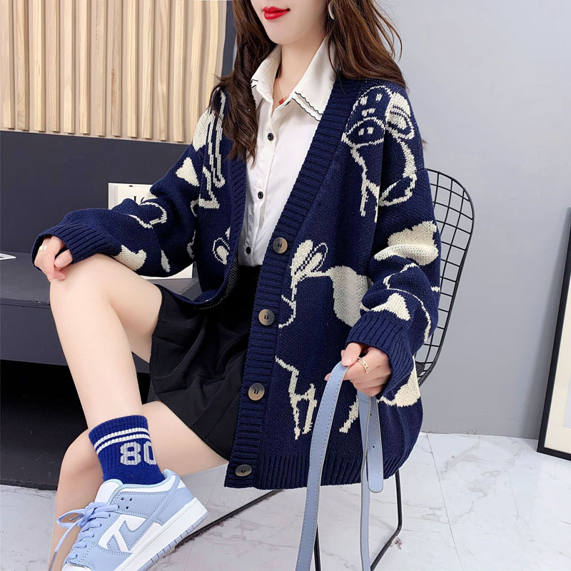 實拍韓版卡通毛衣開衫女中長款2024新款寬鬆慵懶風針織外套春秋