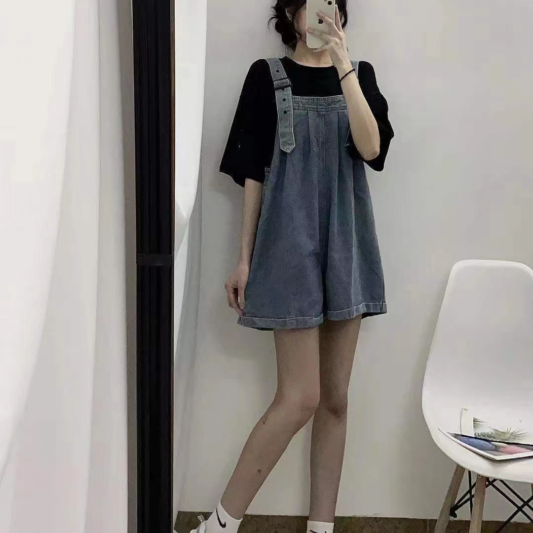 YOUNGZL 牛仔背帶褲女新款夏季寬鬆顯瘦闊腿褲短褲洋氣減齡褲子潮