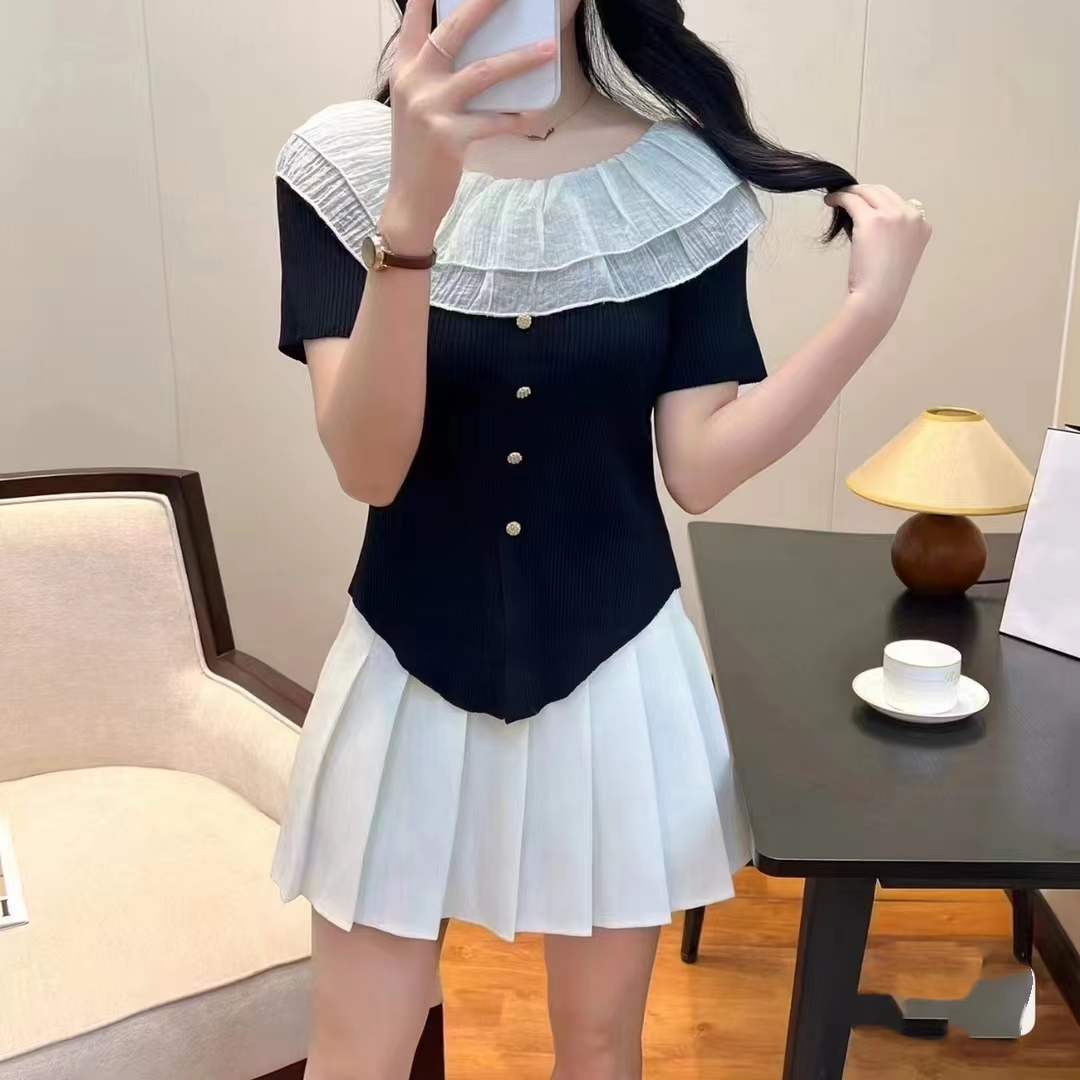 2024夏季新款甜美設計感一字肩荷葉邊排扣短袖上衣女