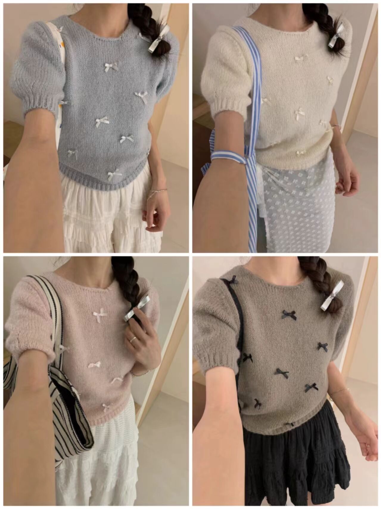 2024年早春粉色溫柔蝴蝶結短袖毛衣女甜美軟糯針織小衫上衣