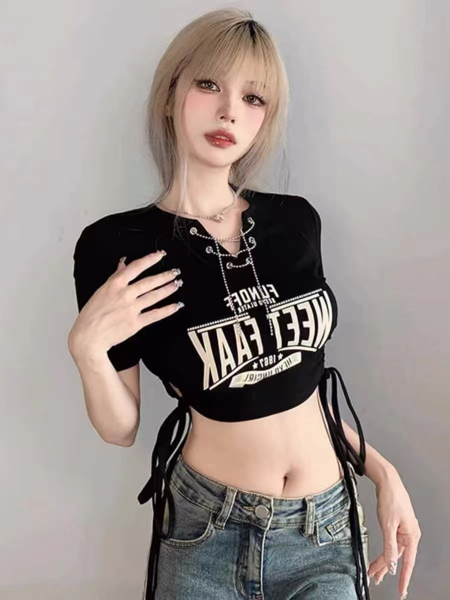 美式短袖印花緊身T恤女鏈條V領辣妹抽繩綁帶卡腰短款露臍跳舞上衣