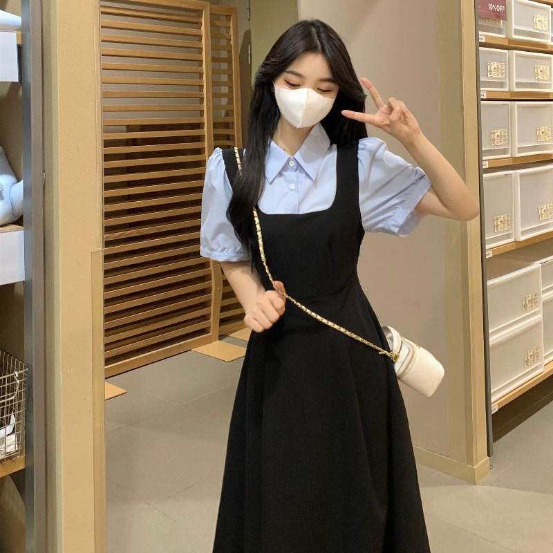 大碼女裝撞色假兩件連衣裙女夏季胖mm學院風顯瘦減齡polo領長裙子
