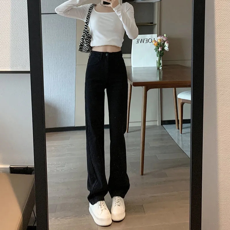 曾小咸高腰黑色直筒牛仔褲女2024夏季新款休閒通勤闊腿褲拖地長褲