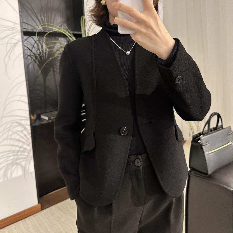秋冬新款修身雙面羊毛毛呢大衣女短款無領一粒扣外套女士上衣