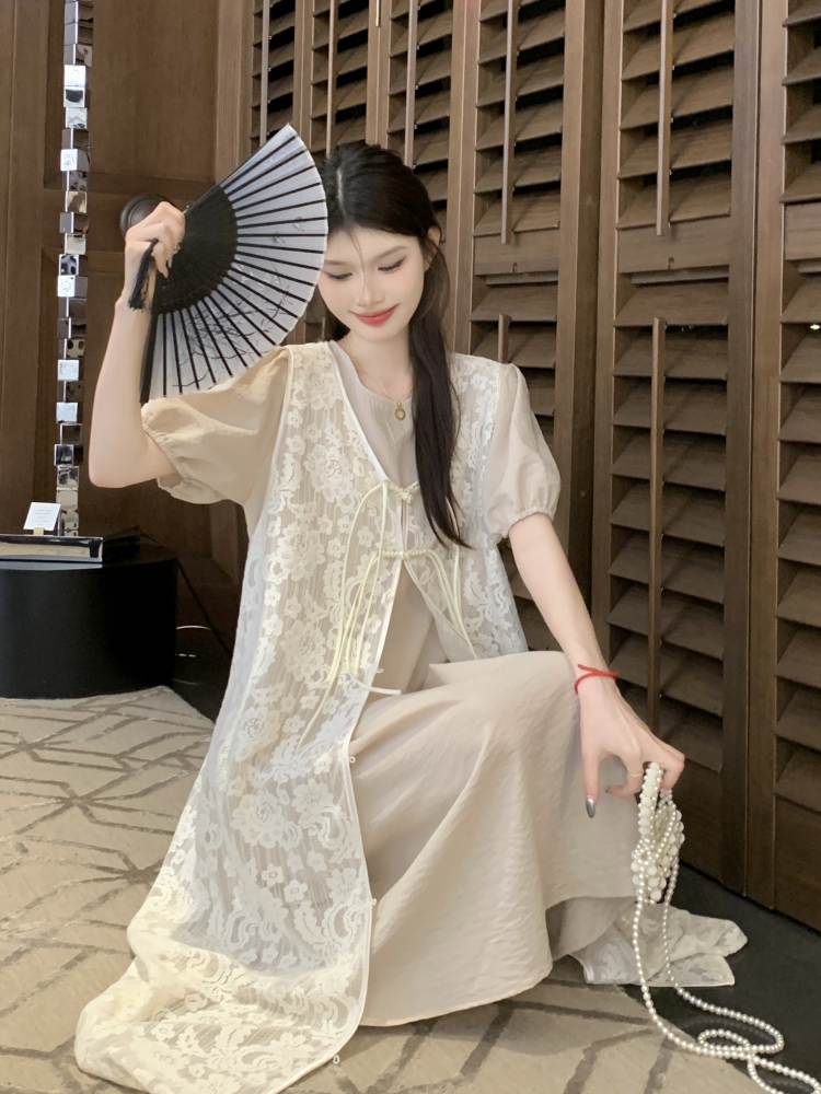 實拍 春季新款新中式長款純色泡泡袖連衣裙+蕾絲馬甲背心裙套裝