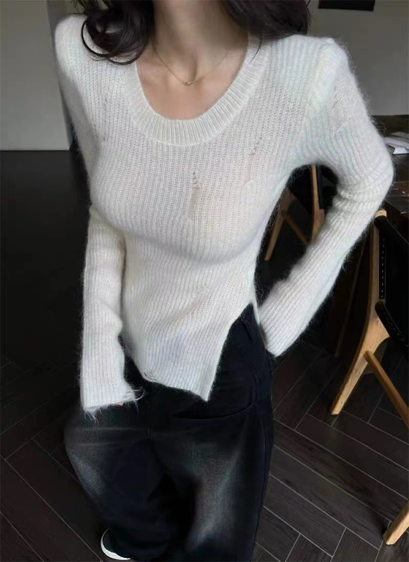 純色不規則測開叉顯身材秋冬針織上衣女緊身親膚內搭打底針織衫