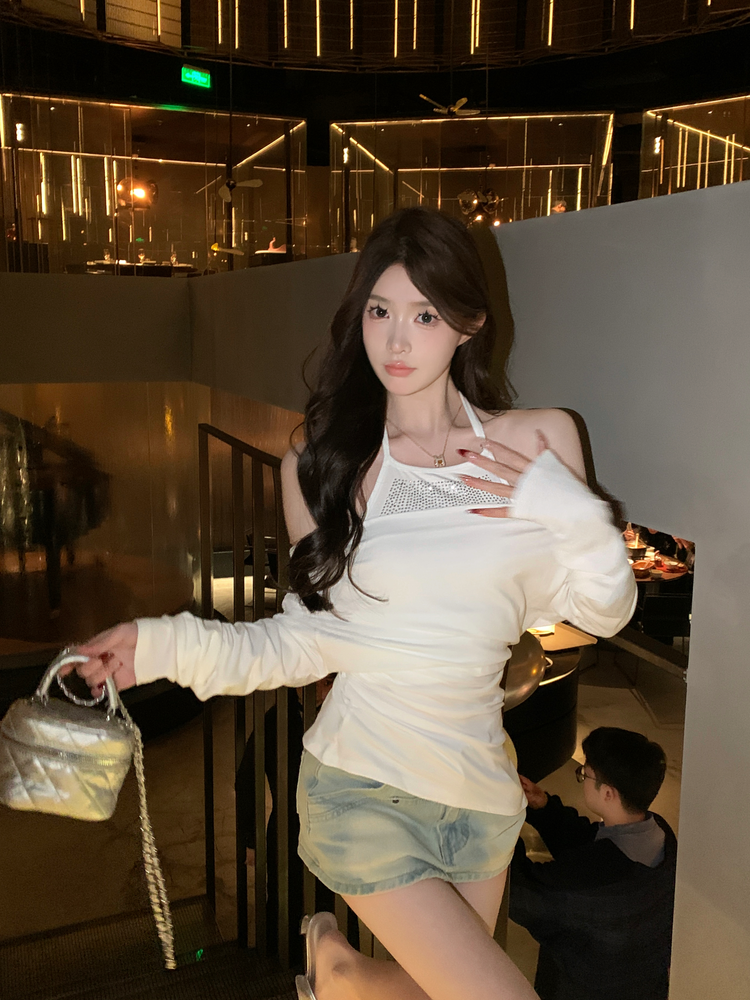 實拍時尚設計感純欲顯瘦掛脖閃閃鑲鑽露肩長袖修身上衣兩件套