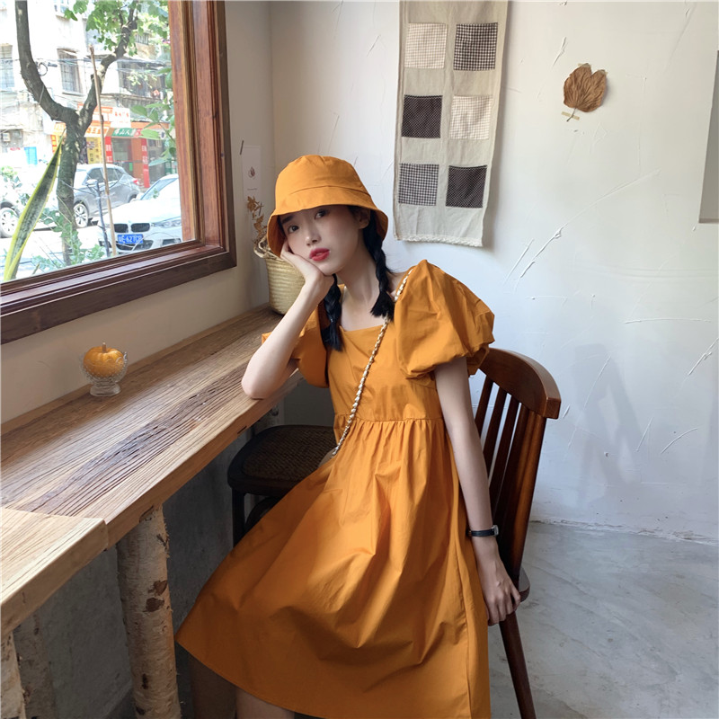 雙層袖子+拉鏈泡泡袖韓版連衣裙夏季方領法式裙女