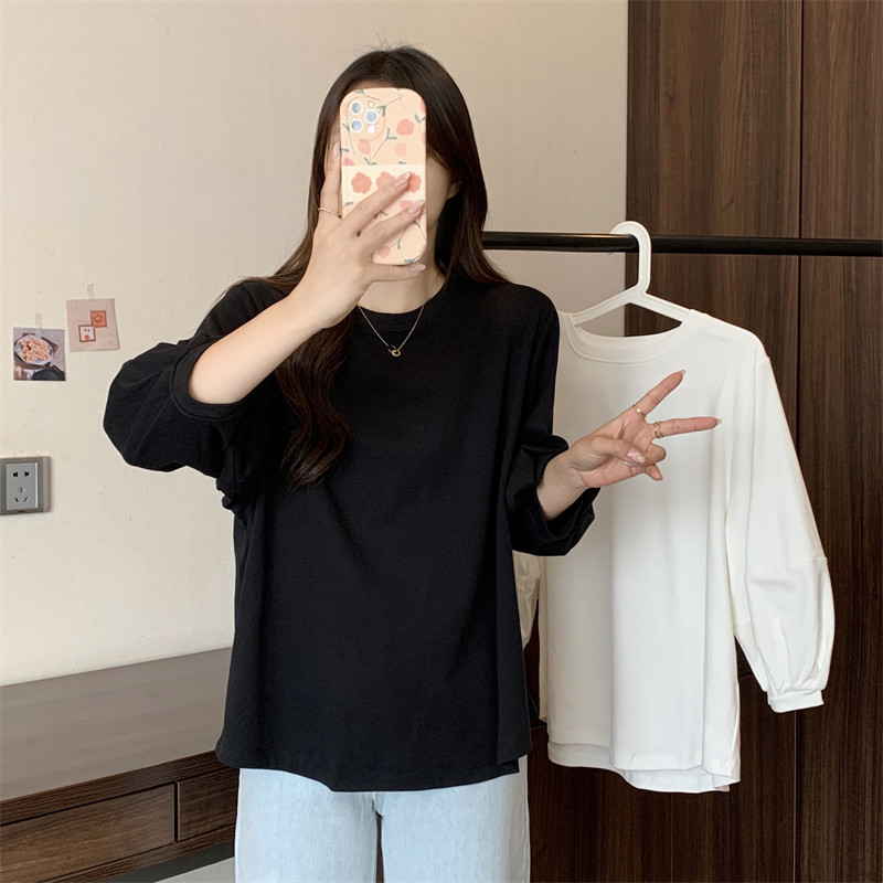 實拍華棉 燈籠袖T恤女春秋新款寬鬆百搭七分袖上衣打底小衫
