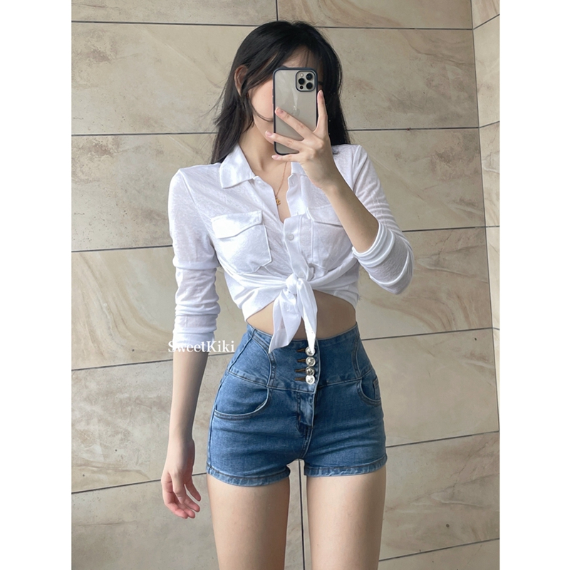 6535水洗棉拉架 性感辣妹純色打結修身單排扣長袖襯衫