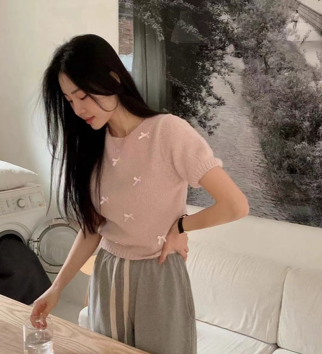 奶系少女溫柔小蝴蝶結短袖毛衣女早春季甜美版型軟糯針織小衫上衣